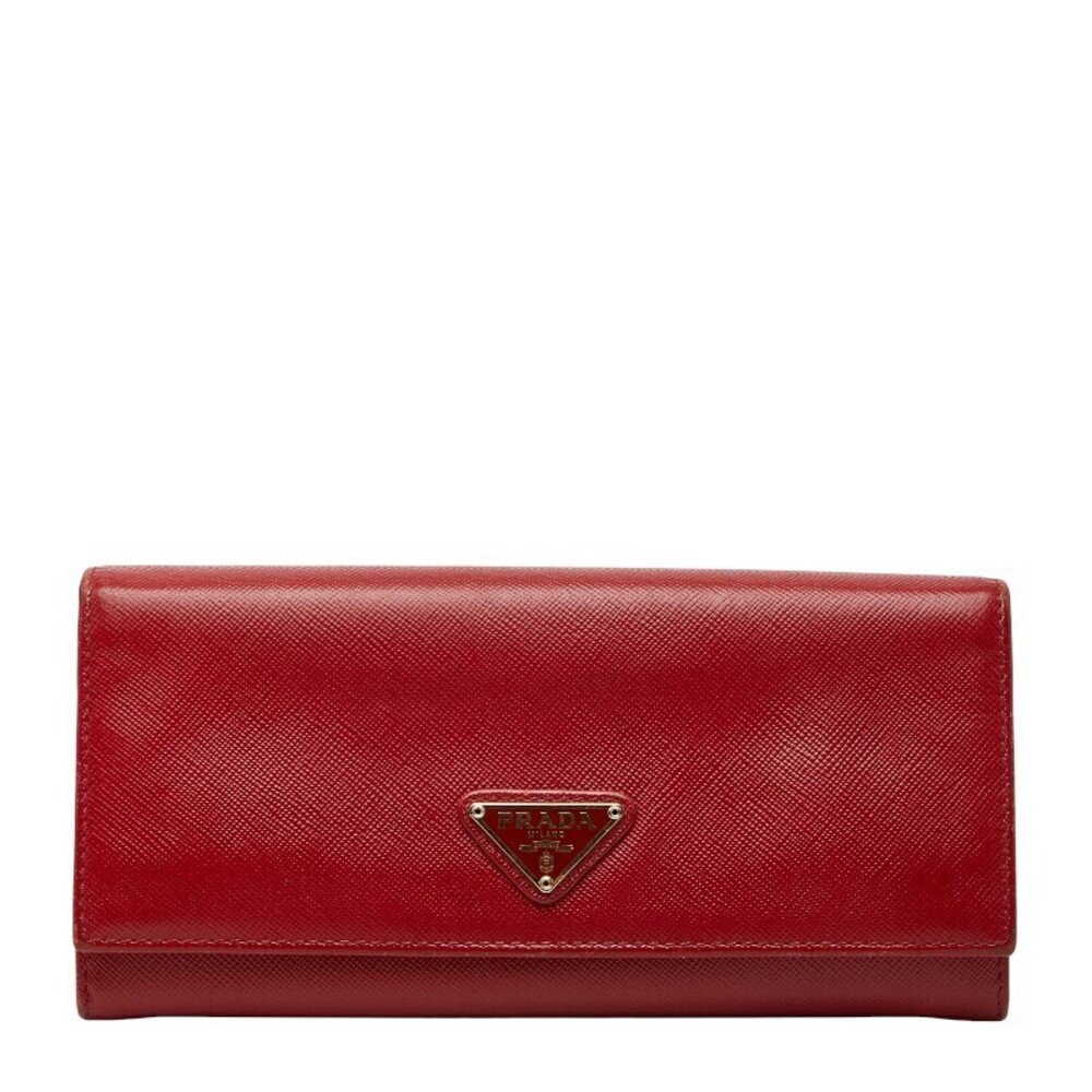 Prada Triangle Plate Long Wallet Red Saffiano Leather